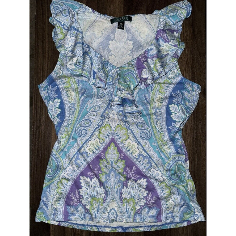 NWT Lauren Ralph Lauren Ruffle Neck Paisley Tank Blue Green Shirt  Size Medium